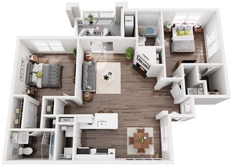 Floor plan for 2 beds, 2.5 baths, 1058 sqft